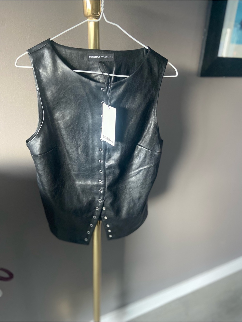 Bershka Black Faux super soft Leather Snap-Front Vest - Picture 7 of 7